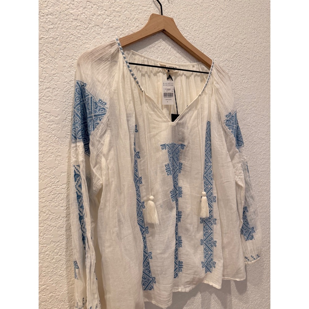 NEW Nili Lotan Bohemian Top White Blue Embroidered Cotton Tassel Blouse Medium - Picture 3 of 10